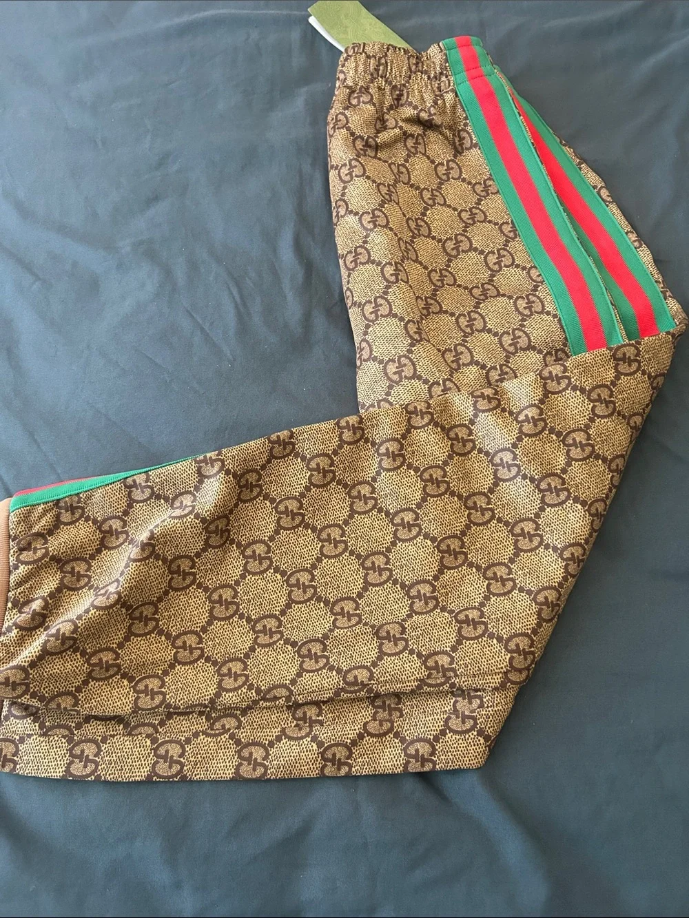 Gucci Beige/Brown Monogram Joggers with Green-Red Side Stripe
